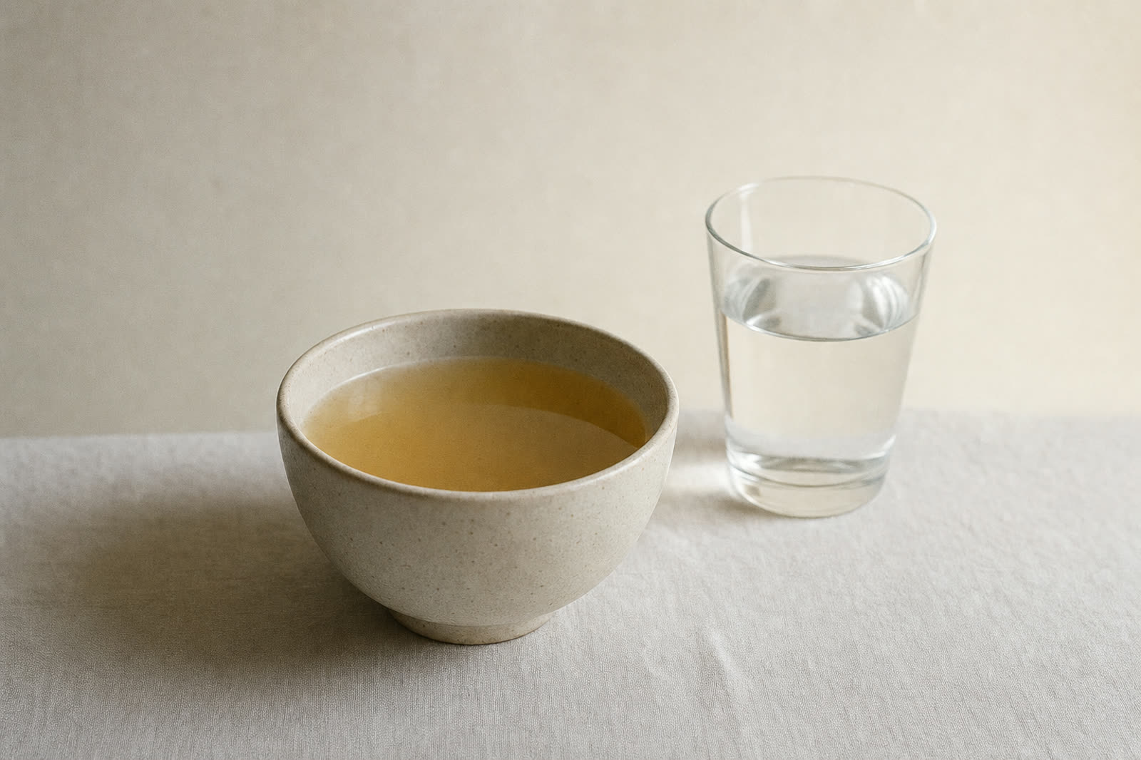 Eine einfache Schale klare Brühe und ein Glas Wasser auf hellem Leinen.